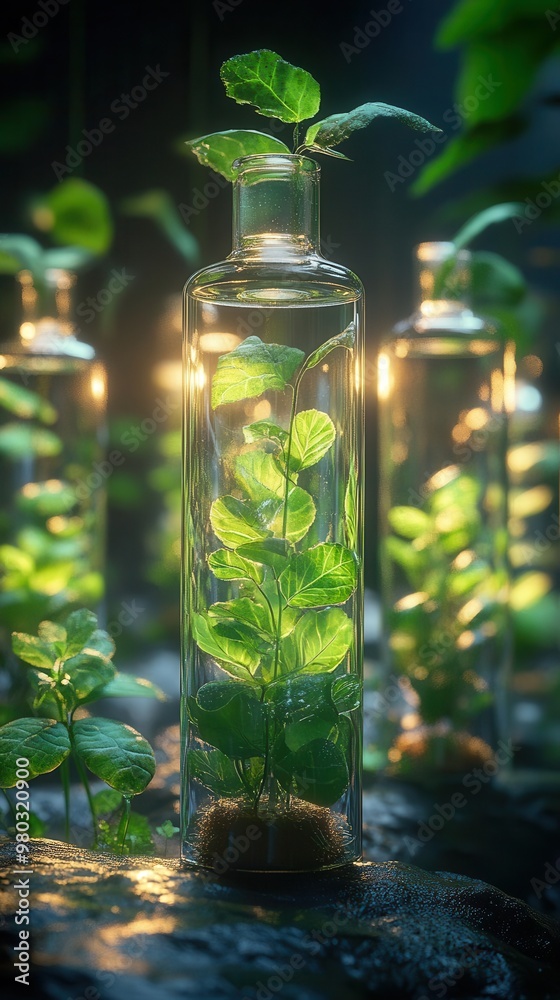 futuristic laboratory with an array of glass test tubes filled with vibrant green plant specimens soft backlighting creates an ethereal glow highlighting the intersection of nature and science futuristic laboratory with an array of glass test tubes filled with vibrant green plant specimens soft backlighting creates an ethereal glow highlighting the intersection of nature and science