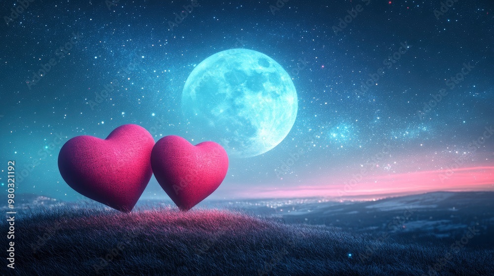 Two Soft Hearts In Front Of Full Moon On Hill With Starry Sky Background - Valentine's Day Concept with generative ai Two Soft Hearts In Front Of Full Moon On Hill With Starry Sky Background - Valentine's Day Concept with generative ai