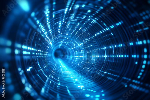 Abstract blue tunnel of light, swirling pattern, digital art, futuristic concept, 3d render.