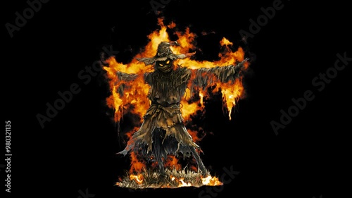 Burning Evil Scarecrow. Fire Effect Animation on Transparent Background Isolated 4K Video. Visual Effects and Motion Graphics Element.