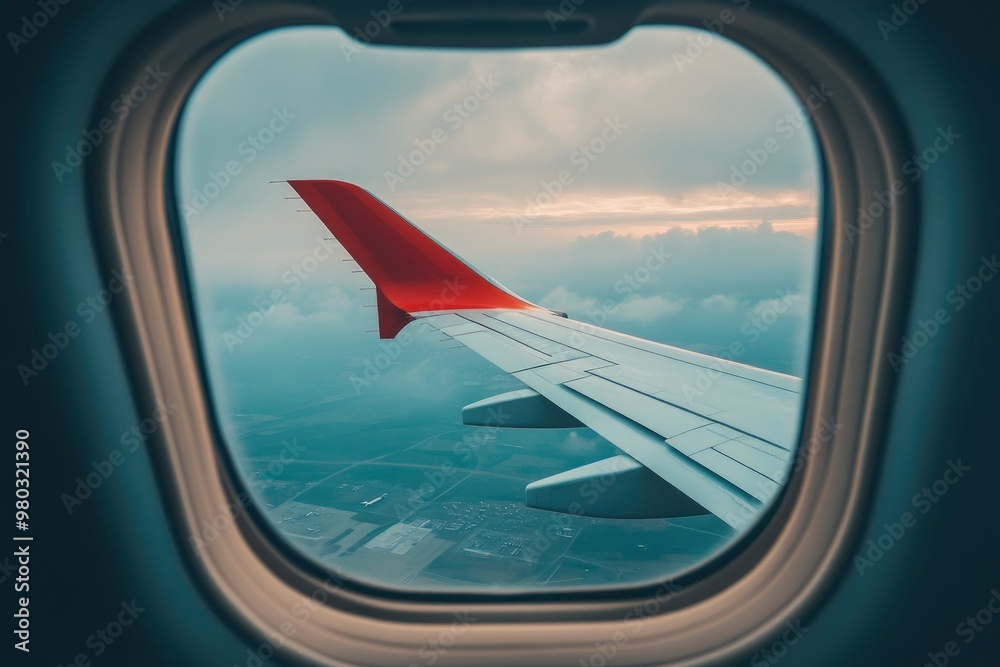 View from windows airplane, wing of jet plane prepare for landing to airport with generative ai