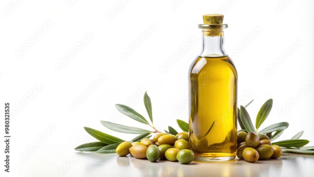 Bottle of extra virgin olive oil with olives on a white background , healthy, organic, cooking, Mediterranean, food Bottle of extra virgin olive oil with olives on a white background , healthy, organic, cooking, Mediterranean, food