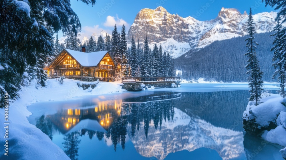Fototapeta premium Fantastic winter landscape with snow covered fir trees and lake. Dramatic wintry scene. Beauty world.