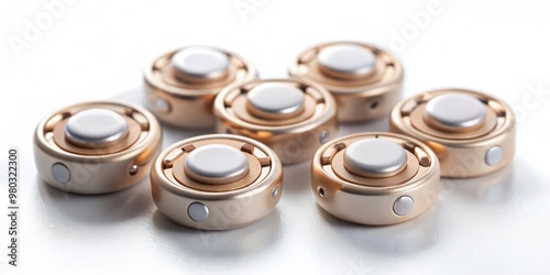 Close up of hearing aid batteries on a white background , medical, health, hearing loss, aid, battery, power, energy photo