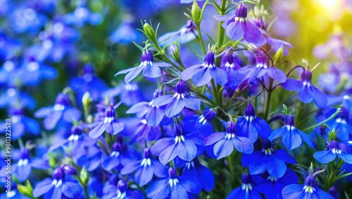 Close up of vibrant blue lobelia plant blooms in summer garden, blue, lobelia, plant, close up, blooms, garden, summer, vibrant