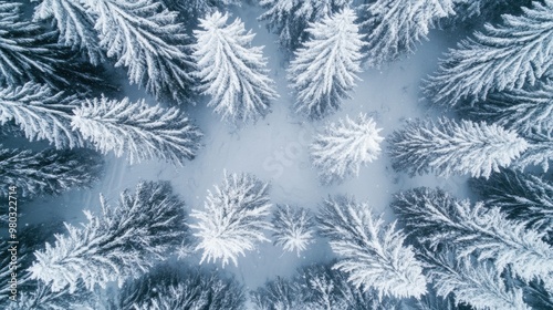 Frosty winter forest background. Top view of snow covered trees.