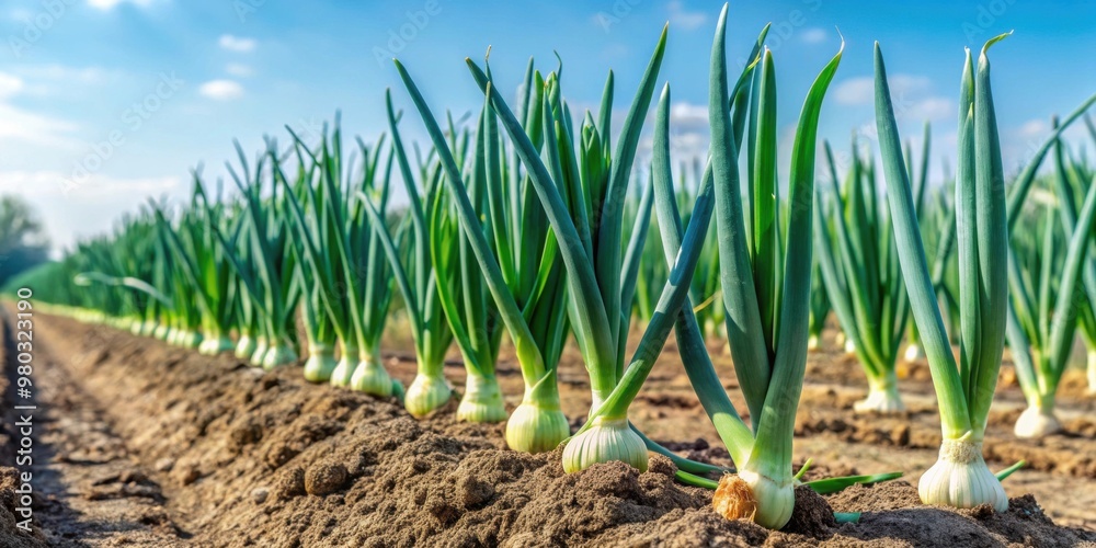 Obraz premium Ripe green onions growing in the fields of Germany, agriculture, fresh, organic, harvest, farm, rural