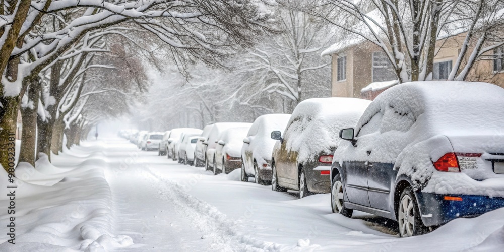 Fototapeta premium Cars parked on the side of the road covered in thick layer of snow during a snowstorm, winter, icy, snow-covered, vehicles
