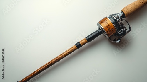 A fishing rod and reel arranged on a light background. photo