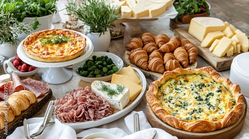 A table filled with delicious food, including quiche, croissants, cheese, and salami, perfect for a brunch or party.