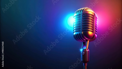 Colorful neon-lit microphone against a dark background, microphone, colorful, neon, lighting, dark, background