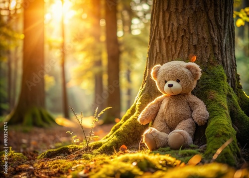 Adorable teddy bear leaning against ancient tree trunk in serene forest setting with sun-dappled leaves and warm golden light casting a comforting atmosphere.