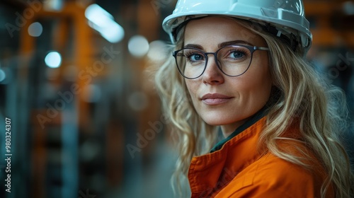 Cinematic Middle-Aged Woman in Glasses and White Helmet Discussing with Male Worker Inside a Factory Hall – High-Resolution Wide Shot