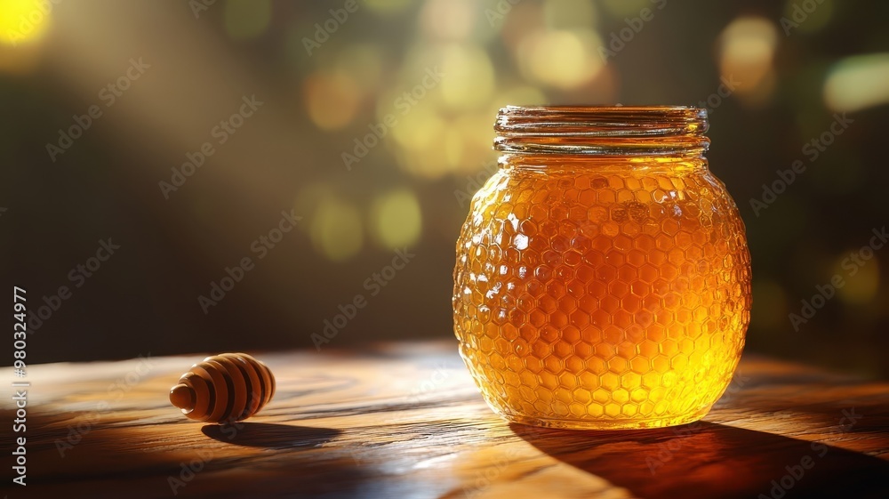 A stylized 3D honey jar with exaggerated textures and dynamic lighting, producing dramatic visual effects and bold shadows.