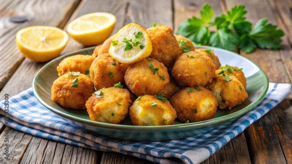 Fried cod fritters, a popular and traditional Portuguese dish, Portuguese, food, cuisine, delicacy, snack, appetizer, seafood, fish
