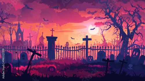 A halloween spooky background, graveyard fence silhouette with scary trees, cemeteries, bats. 