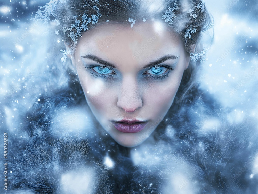 a woman fierce expression with bright blue eyes stands out against the snowy storm surrounding her a woman fierce expression with bright blue eyes stands out against the snowy storm surrounding her