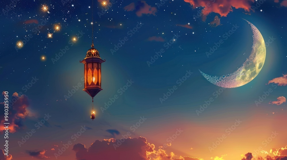Crescent Moon and Lantern in the Night Sky Crescent Moon and Lantern in the Night Sky