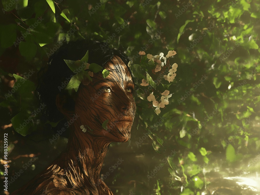 Obraz premium a zoomed scene shows a woman’s face merging with nature. she wears a crown made of green leaves and branches are starting to integrate into her face like veins.