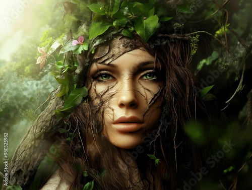 a zoomed scene shows a woman’s face merging with nature. she wears a crown made of green leaves and branches are starting to integrate into her face like veins. photo