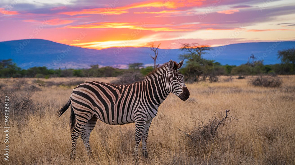 Naklejka premium Zebra, animal, mammal, white and black, illustration, photo, art, fake cgi