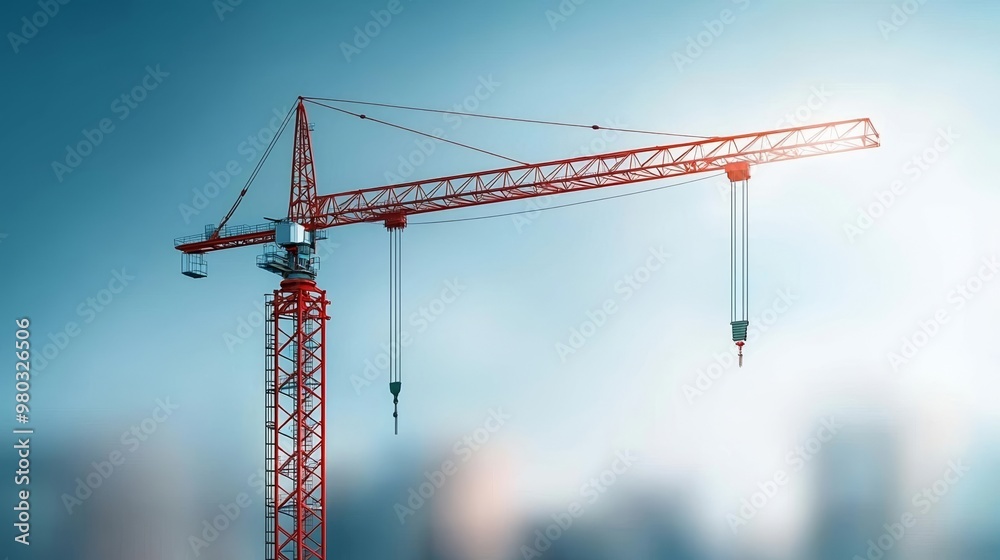 Dynamic red crane against a blue sky, representing the development and growth of urban real estate projects Dynamic red crane against a blue sky, representing the development and growth of urban real estate projects