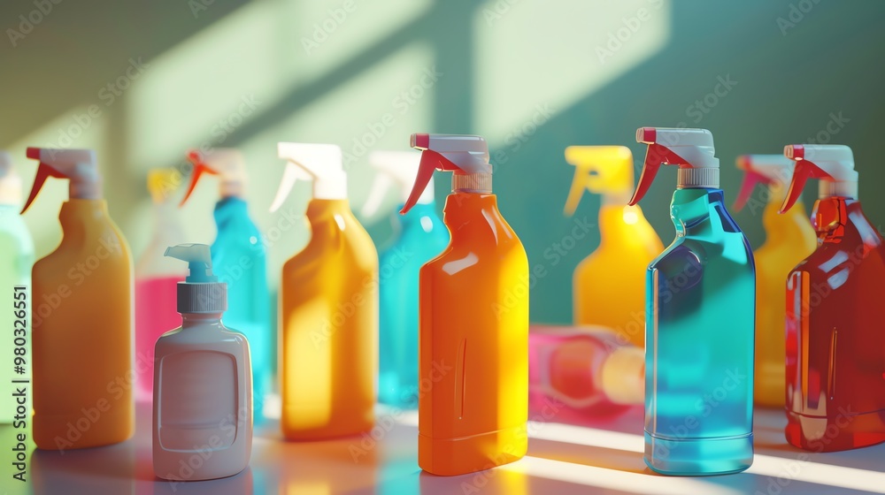 A 3D render of a collection of cleaning agents in bottles A 3D render of a collection of cleaning agents in bottles