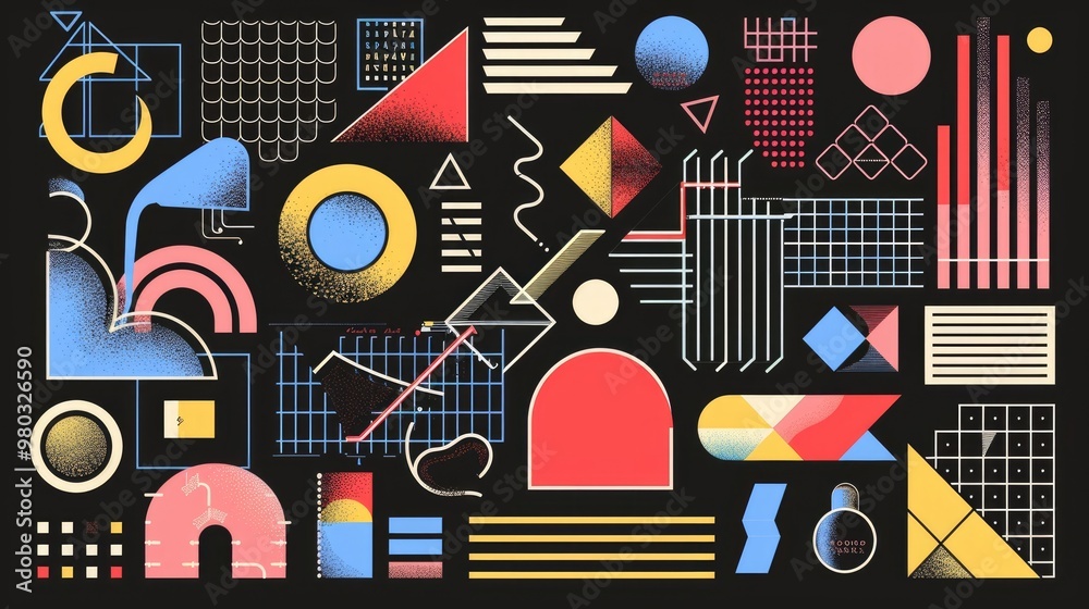 Memphis design elements mega set. Vector abstract geometric line graphic shapes, modern hipster circle triangle template colorful Memphis design elements mega set. Vector abstract geometric line graphic shapes, modern hipster circle triangle template colorful