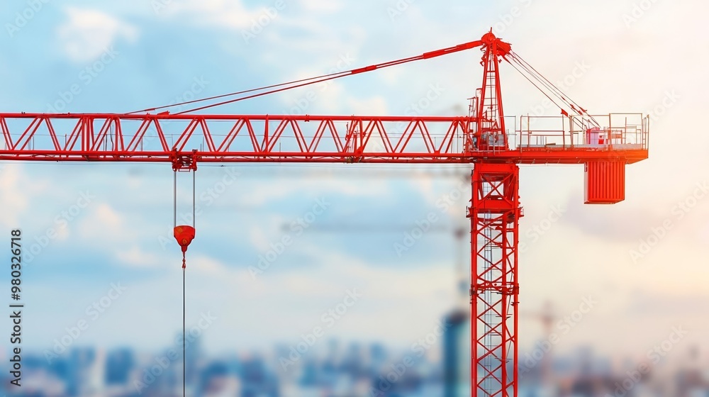 Red industrial crane in action at a bustling construction site, capturing the essence of urban development Red industrial crane in action at a bustling construction site, capturing the essence of urban development