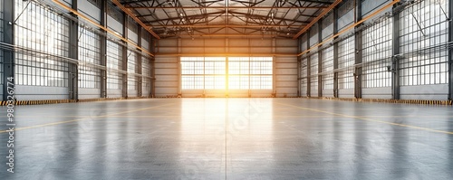 Sunlit expansive warehouse interior, emphasizing space and potential for commercial use