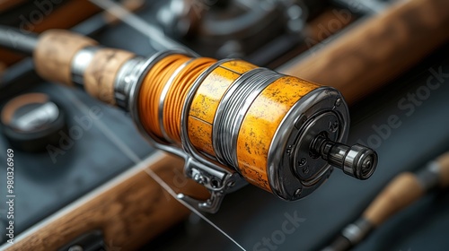 Close-up of a fishing reel with orange line on a boat. photo