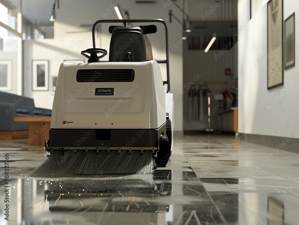 A 3D render of a floor sweeper in use A 3D render of a floor sweeper in use
