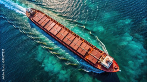 Aerial view of a dry bulk cargo ship underway in the sea, cargo ship, merchant ship, bulk cargo, transportation