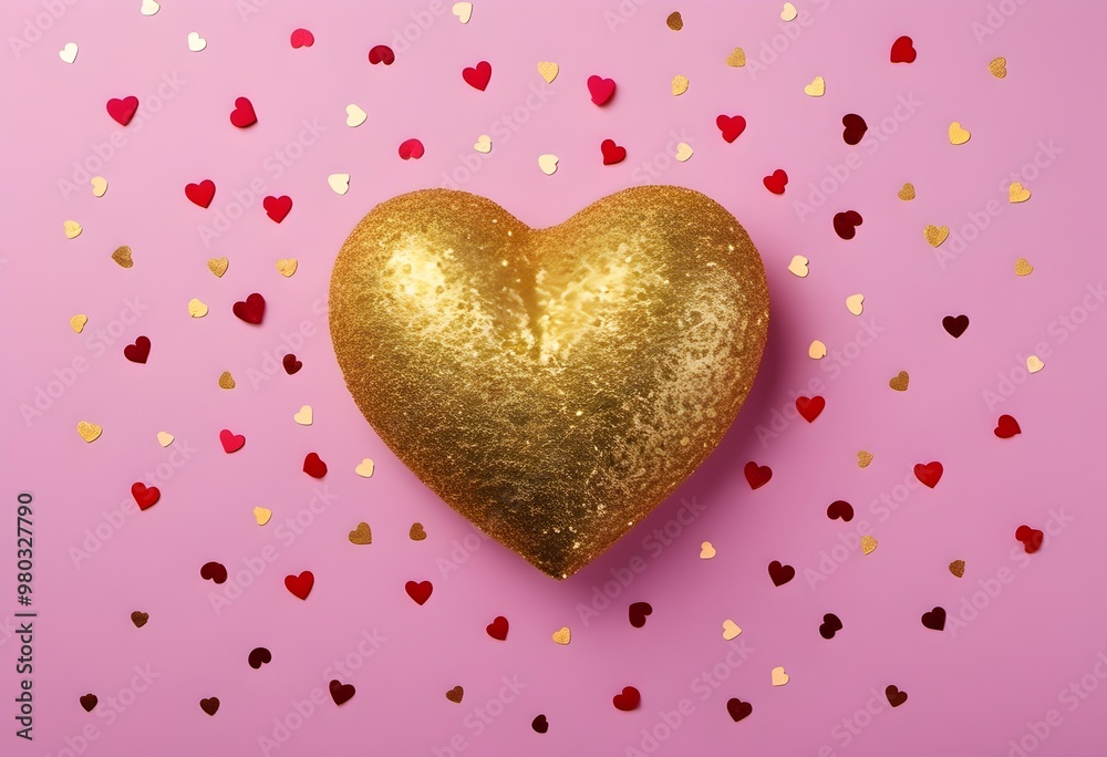 Fototapeta premium Gold Glitter heart on Pastel pink background, Valentine's Day, Rewards, Banner, Background, Sale, With copy space for text, Sparkling, love, romantic, Greeting card invite, border HD, illustration