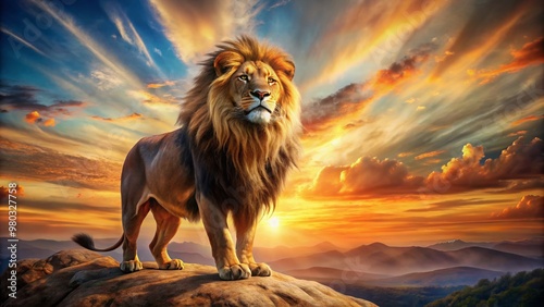 A majestic lion, symbolizing strength and power, stands proudly against a vibrant sunset backdrop, radiating regal authority and biblical significance in a stunning digital artwork. photo