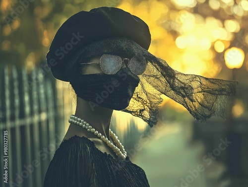 a woman hides her face with a black mesh mask, accessorized with large glasses, a black hat, and vintage clothing. she stands in a city at sunset, with a blurred background adding to the atmosphere. photo