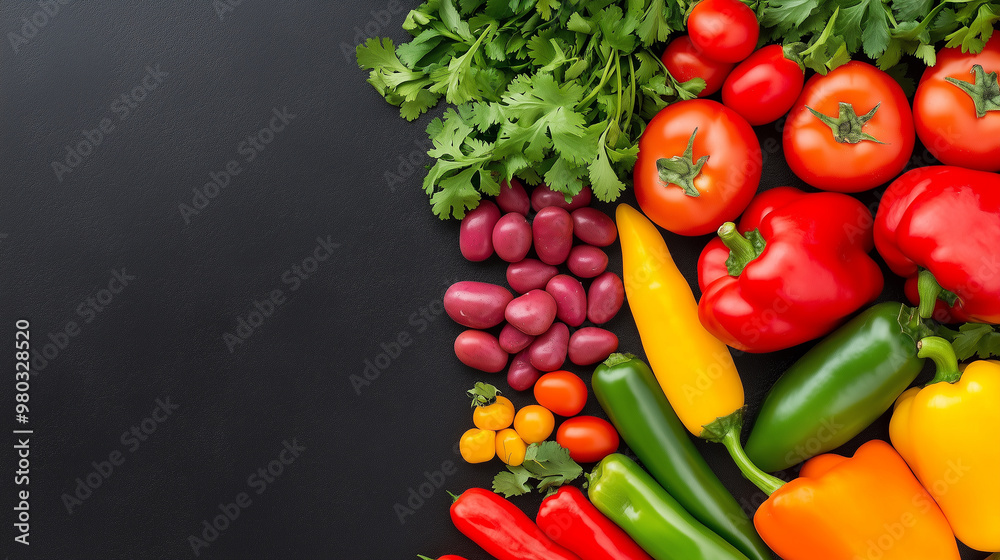 A colorful array of fresh vegetables, including tomatoes, bell peppers, cilantro, and cherry tomatoes, creates a stunning composition against a black backdrop. A colorful array of fresh vegetables, including tomatoes, bell peppers, cilantro, and cherry tomatoes, creates a stunning composition against a black backdrop.