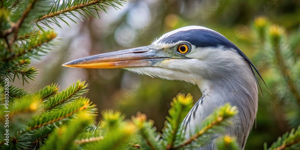 Gray heron peeping through branches of coniferous tree, wildlife, nature, bird, heron, tree, branches, foliage, camouflage Gray heron peeping through branches of coniferous tree, wildlife, nature, bird, heron, tree, branches, foliage, camouflage