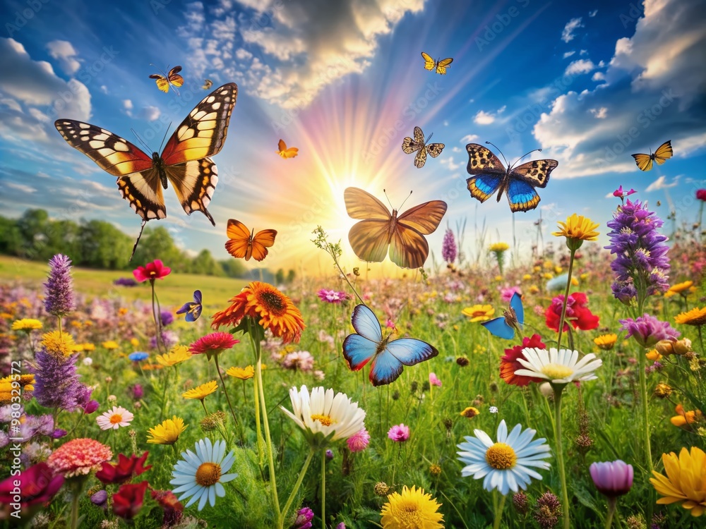 Vibrant butterflies dance above a kaleidoscope of colorful wildflowers swaying gently in a warm sunlit meadow, capturing the essence of spring's beauty and serenity.