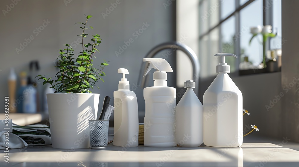 A 3D render of a set of janitorial supplies on a counter A 3D render of a set of janitorial supplies on a counter