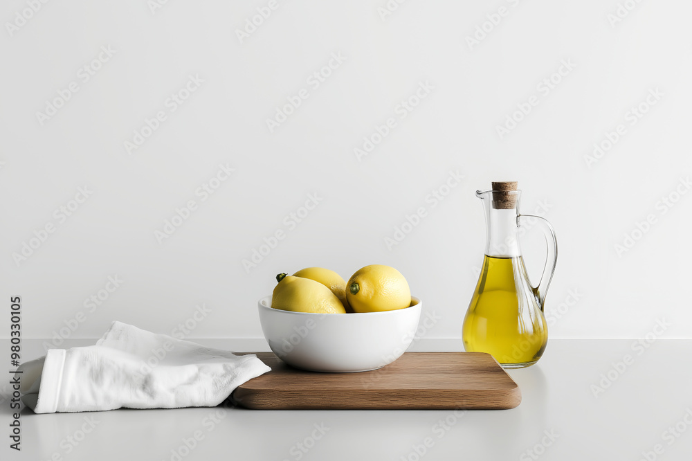 lemons and a bottle of olive oil are arranged on a rustic wooden board in a minimalist kitchen lemons and a bottle of olive oil are arranged on a rustic wooden board in a minimalist kitchen