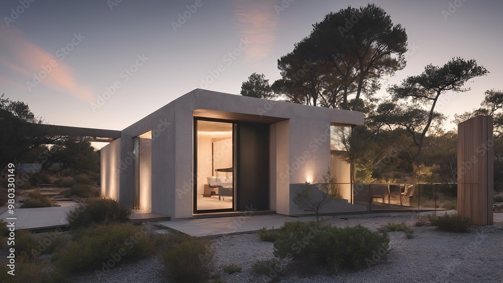 AI-generated image of modern house and sunset AI-generated image of modern house and sunset