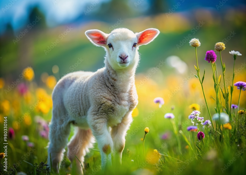 Adorable little lamb with fluffy white fur and curious expression stands alone in a vibrant green meadow dotted with colorful wildflowers on sunny day. Adorable little lamb with fluffy white fur and curious expression stands alone in a vibrant green meadow dotted with colorful wildflowers on sunny day.