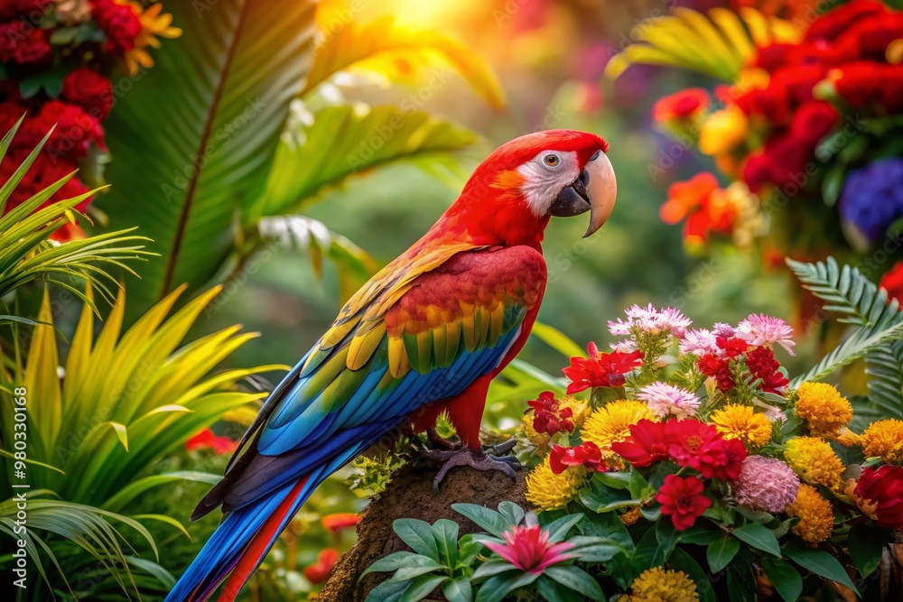 Vibrant macaw perches amidst lush tropical blooms, its iridescent plumage shimmering against a kaleidoscope of floral hues, surrounded by delicate ferns and vines.