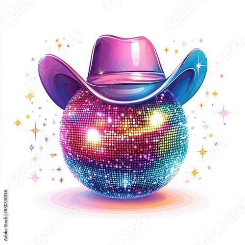 Colorful Disco Ball with Cowboy Hat and Stars, Vibrant disco ball adorned with a cowboy hat and surrounded by multicolored stars, combining western and party themes.
