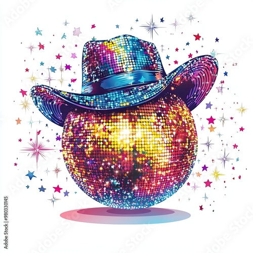 Colorful Disco Ball with Cowboy Hat and Stars, Vibrant disco ball adorned with a cowboy hat and surrounded by multicolored stars, combining western and party themes.
