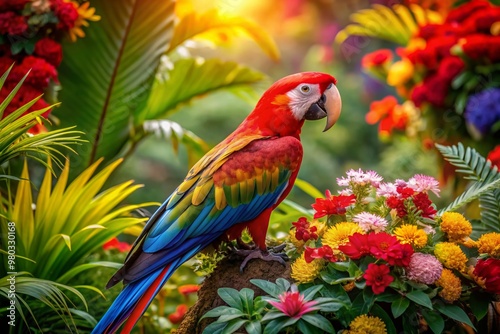Obraz na płótnie Vibrant macaw perches amidst lush tropical blooms, its iridescent plumage shimmering against a kaleidoscope of floral hues, surrounded by delicate ferns and vines. w salonie