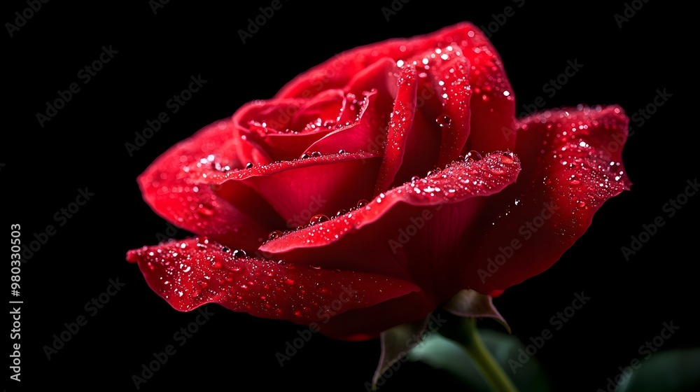 Intensely close view of a red rose, water droplets shimmering on its petals, set against a jet-black backdrop, evoking deep emotion and sophistication Intensely close view of a red rose, water droplets shimmering on its petals, set against a jet-black backdrop, evoking deep emotion and sophistication