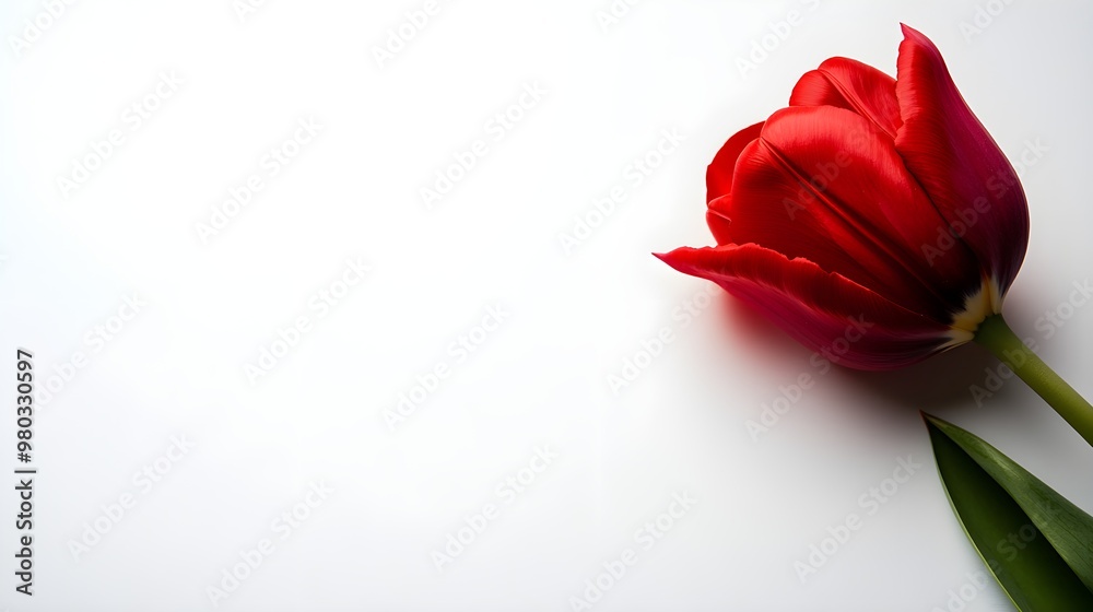 Fototapeta premium Isolated single red tulip on a white background with soft shadowsThe simplicity and bold color make it ideal for minimalist or modern designs, offering plenty of copy space