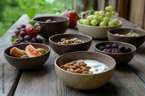 ceramic bowls filled with fresh fruits and various nuts are arranged for a wholesome breakfast